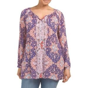 LUCKY BRAND Women's PLUS 3X Floral Print Button Popover Blouse Peasant Top